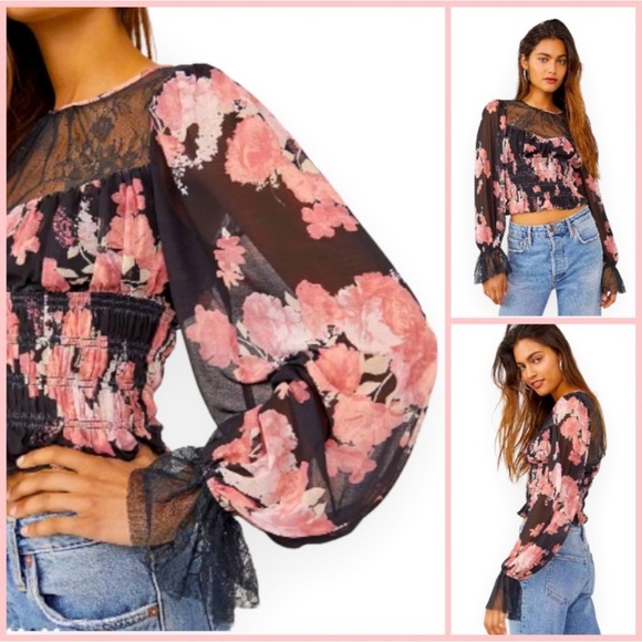🎄🎁Free People New Floral & Lace Cropped Blouse/Top Black Pink Peach M - Picture 2 of 10